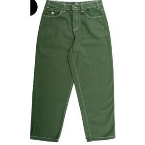 Theories Plaza Jeans Size 32 Hunter Green Contrast Stitch Baggy Tapered Fit